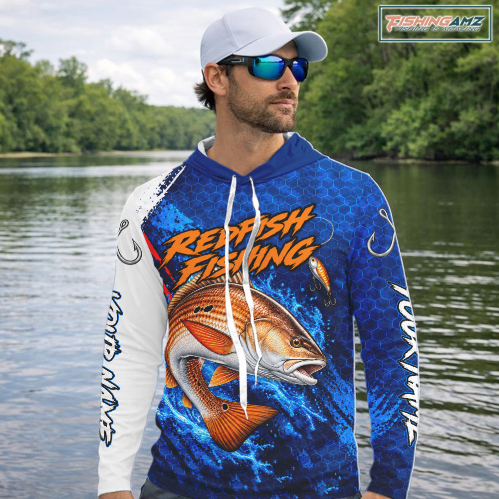 Redfish Fishing Blue Camo Long Sleeve Hooded Performance Fishing Shirt Custom Redfish Fishing Jerseys NBT1046