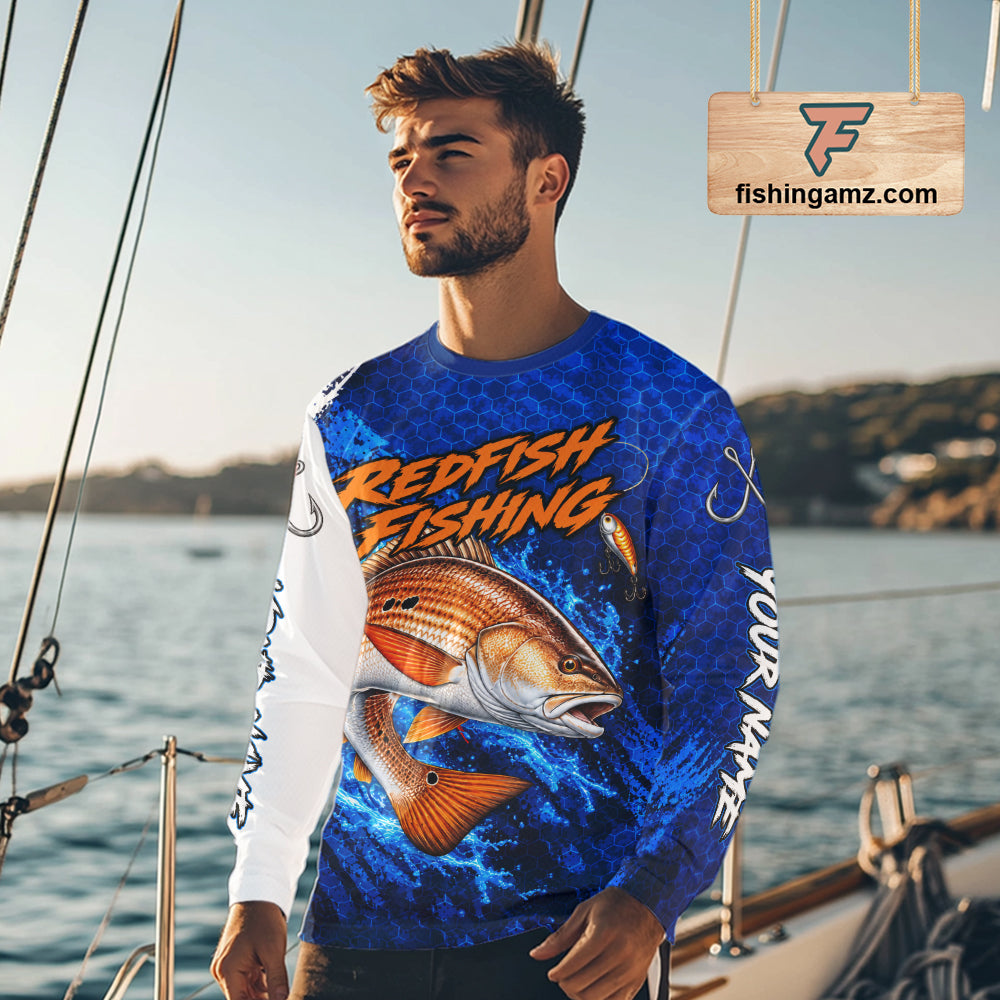 Redfish Fishing Blue Camo Long Sleeve Performance Fishing Shirt Custom Redfish Fishing Jerseys NBT1046