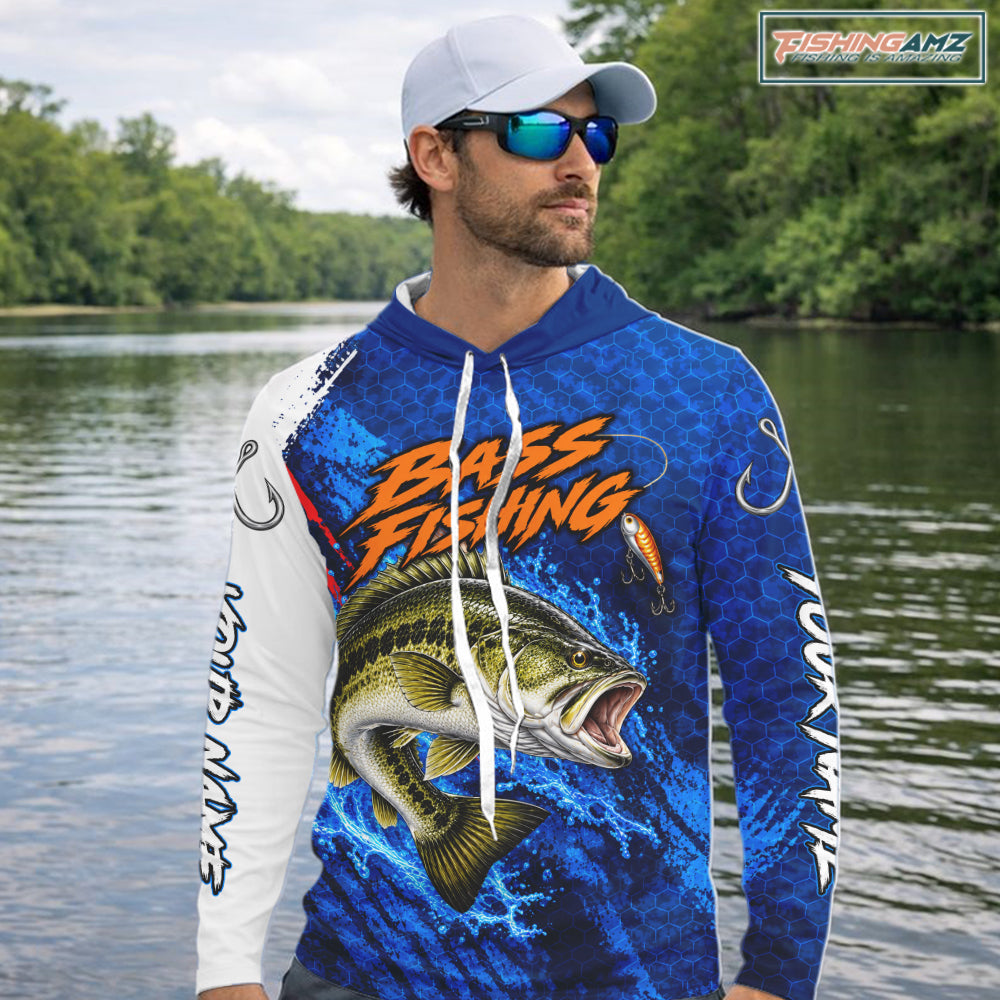Largemouth Bass Fishing Blue Camo Long Sleeve Hooded Performance Fishing Shirt Custom Bass Fishing Jerseys NBT1047