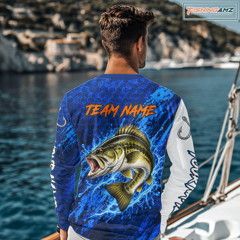 Largemouth Bass Fishing Blue Camo Long Sleeve Performance Fishing Shirt Custom Bass Fishing Jerseys NBT1047