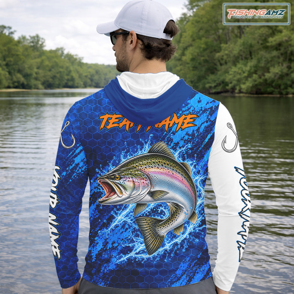 Chinook Salmon Fishing Blue Camo Long Sleeve Hooded Performance Fishing Shirt Custom Chinook Salmon Fishing Jerseys NBT1048