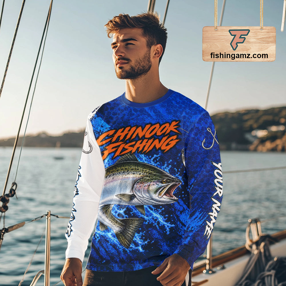 Chinook Salmon Fishing Blue Camo Long Sleeve Performance Fishing Shirt Custom Chinook Salmon Fishing Jerseys NBT1048