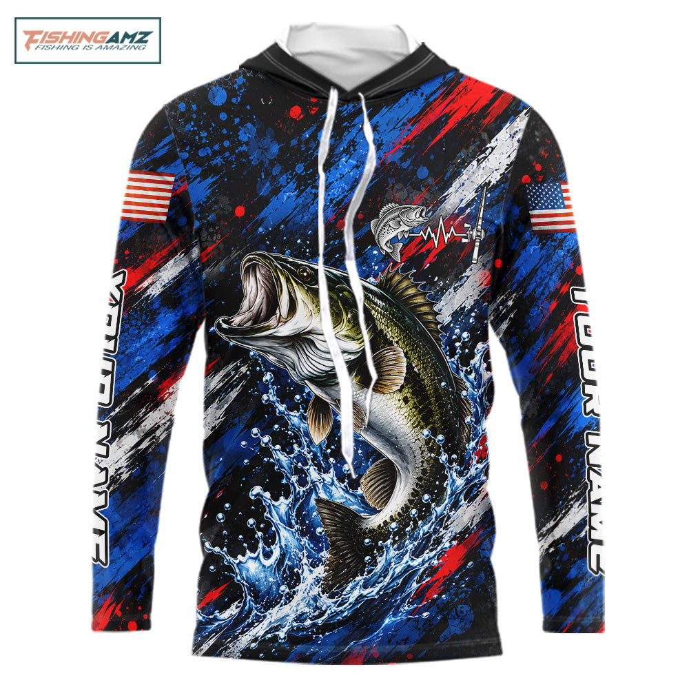 Largemouth Bass Fishing Shirt Custom US Flag Splash Water Long Sleeve Hooded Apparel NHT1706