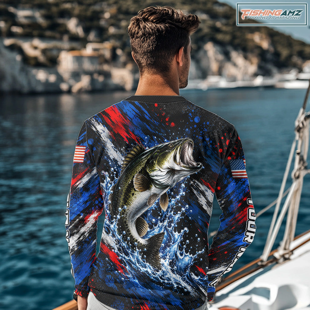 Largemouth Bass Fishing Shirt Custom US Flag Splash Water Long Sleeve Apparel NHT1706