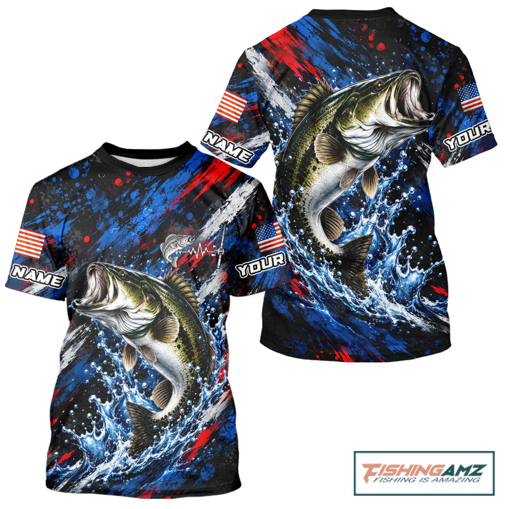 Largemouth Bass Fishing Shirt Custom US Flag Splash Water Short Sleeve Apparel NHT1706