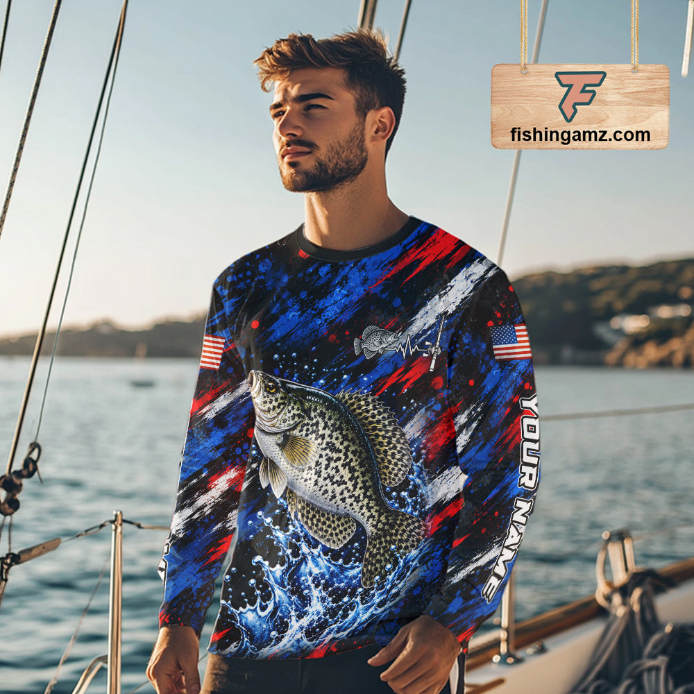 Crappie Fishing Shirt Custom US Flag Splash Water Long Sleeve Apparel NHT1707