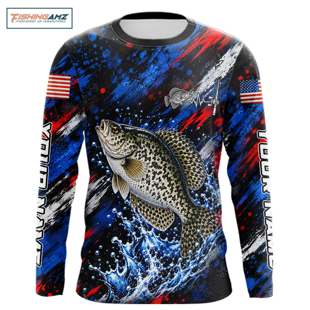 Crappie Fishing Shirt Custom US Flag Splash Water Long Sleeve Apparel NHT1707