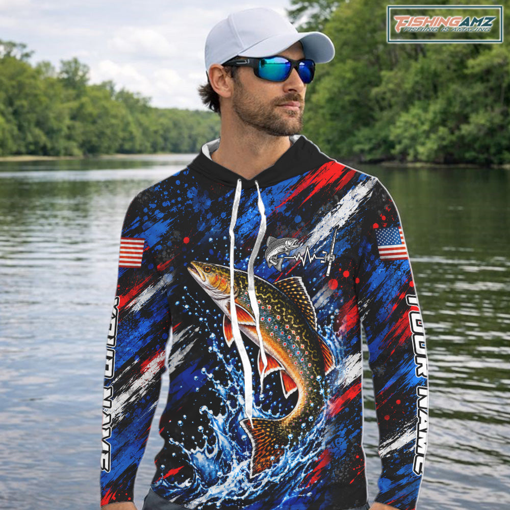 Brook Trout Fishing Shirt Custom US Flag Splash Water Long Sleeve Hooded Apparel NHT1708
