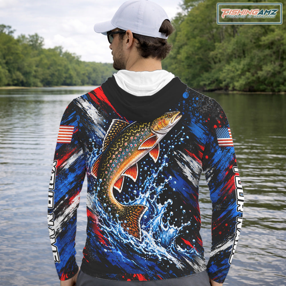 Brook Trout Fishing Shirt Custom US Flag Splash Water Long Sleeve Hooded Apparel NHT1708