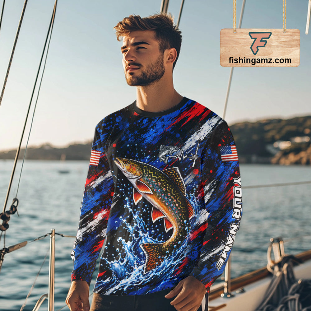 Brook Trout Fishing Shirt Custom US Flag Splash Water Long Sleeve Apparel NHT1708