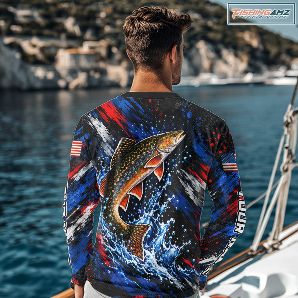 Brook Trout Fishing Shirt Custom US Flag Splash Water Long Sleeve Apparel NHT1708