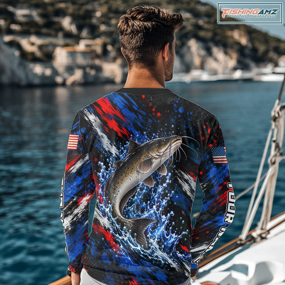 Catfish Fishing Shirt Custom US Flag Splash Water Long Sleeve Apparel NHT1709