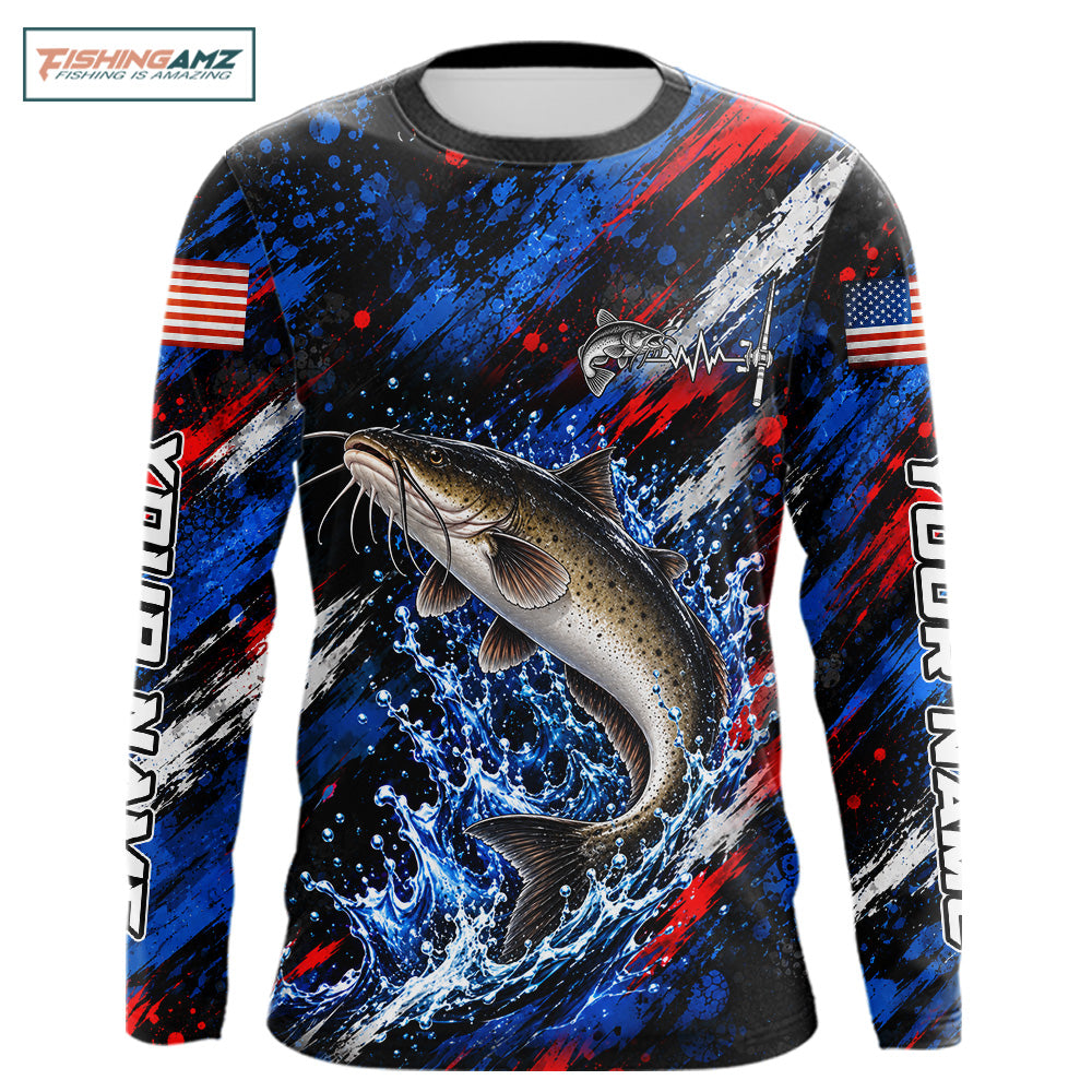 Catfish Fishing Shirt Custom US Flag Splash Water Long Sleeve Apparel NHT1709