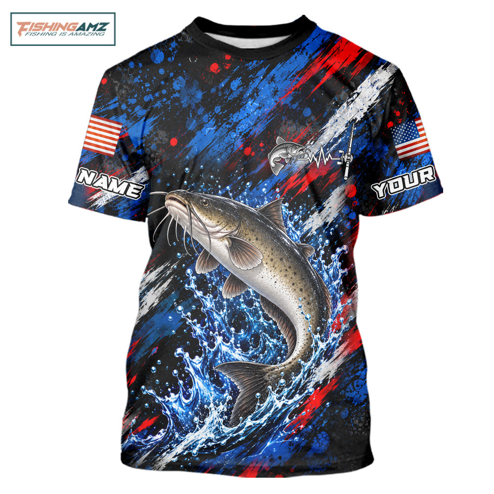 Catfish Fishing Shirt Custom US Flag Splash Water Short Sleeve Apparel NHT1709