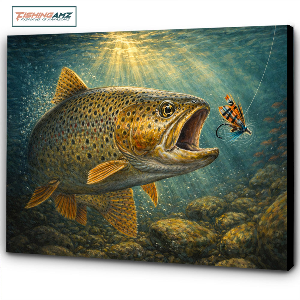 Brown Trout Strike – Underwater River Fishing Canvas Wall Art NHT471