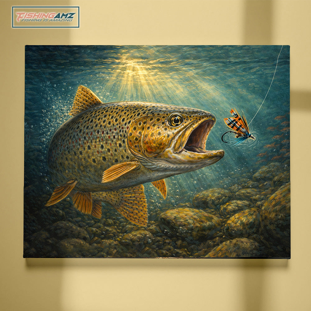 Brown Trout Strike – Underwater River Fishing Canvas Wall Art NHT471