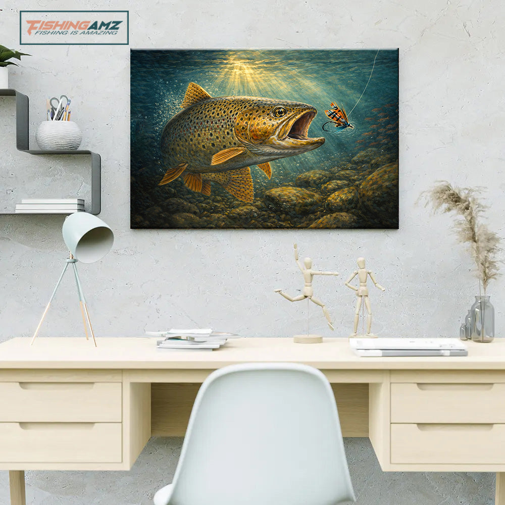 Brown Trout Strike – Underwater River Fishing Canvas Wall Art NHT471