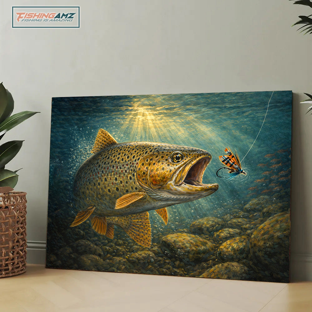 Brown Trout Strike – Underwater River Fishing Canvas Wall Art NHT471