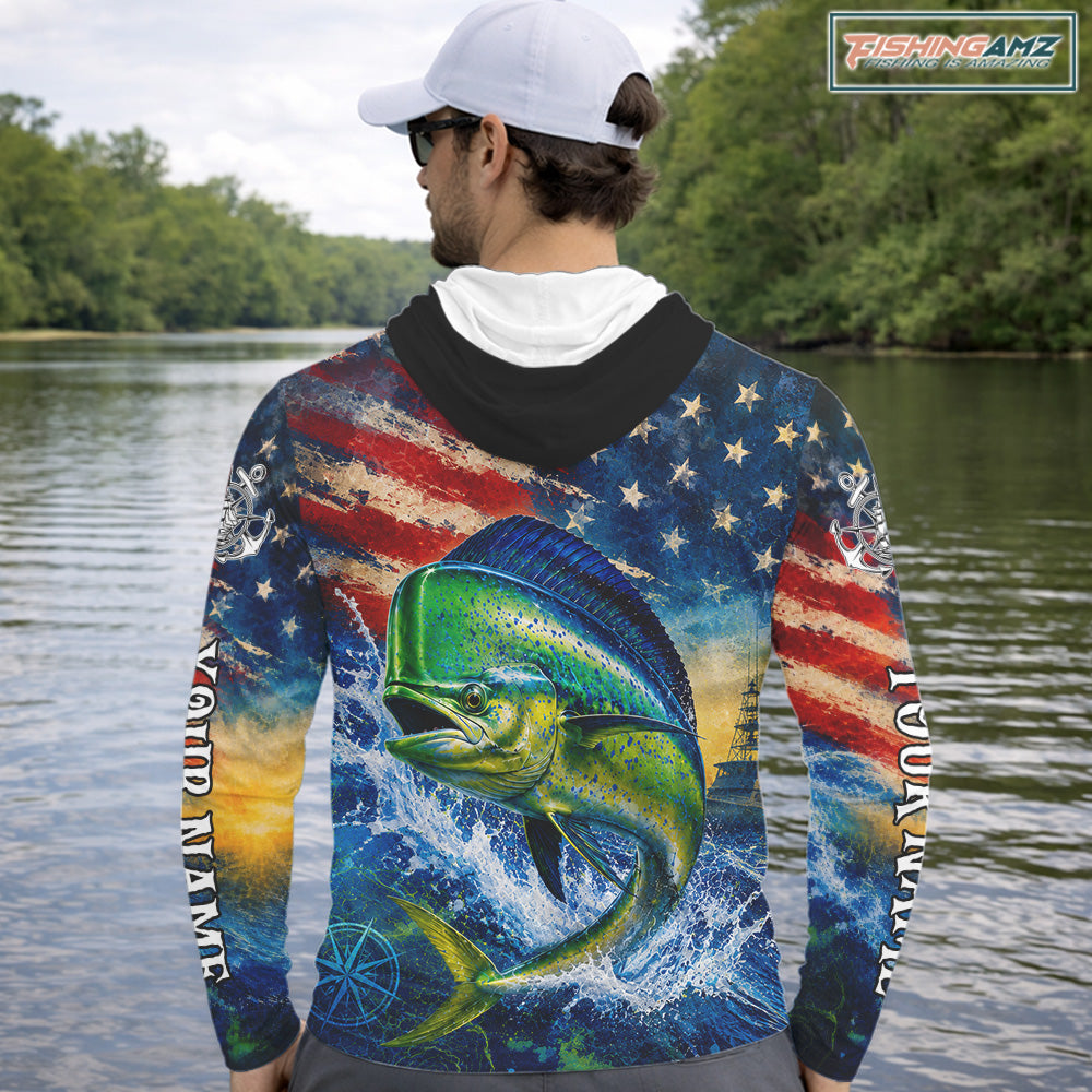 Mahi Mahi Fishing Shirt American Flag 3D All Over Print Long Sleeve Hooded Performance Apparel For Men