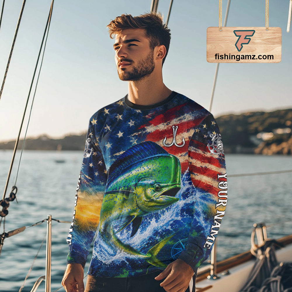 Mahi Mahi Fishing Shirt American Flag 3D All Over Print Long Sleeve Performance Apparel For Men