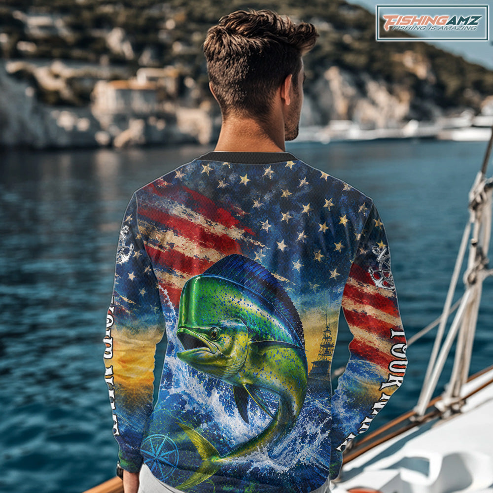 Mahi Mahi Fishing Shirt American Flag 3D All Over Print Long Sleeve Performance Apparel For Men