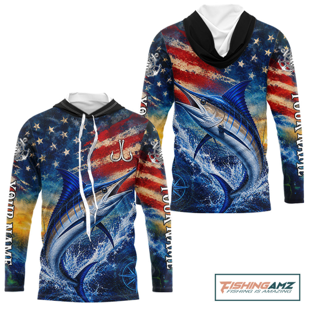 Marlin Fishing Shirt American Flag 3D All Over Print Long Sleeve Hooded Performance Apparel For Men
