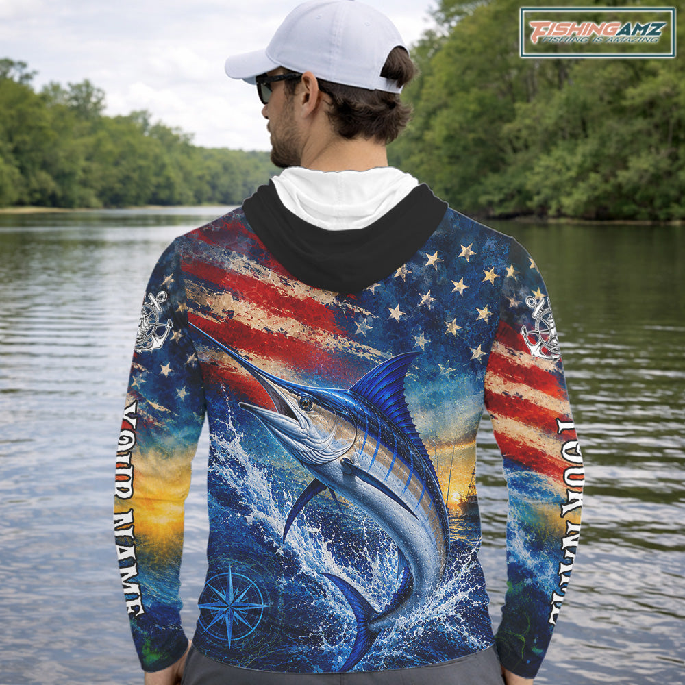 Marlin Fishing Shirt American Flag 3D All Over Print Long Sleeve Hooded Performance Apparel For Men
