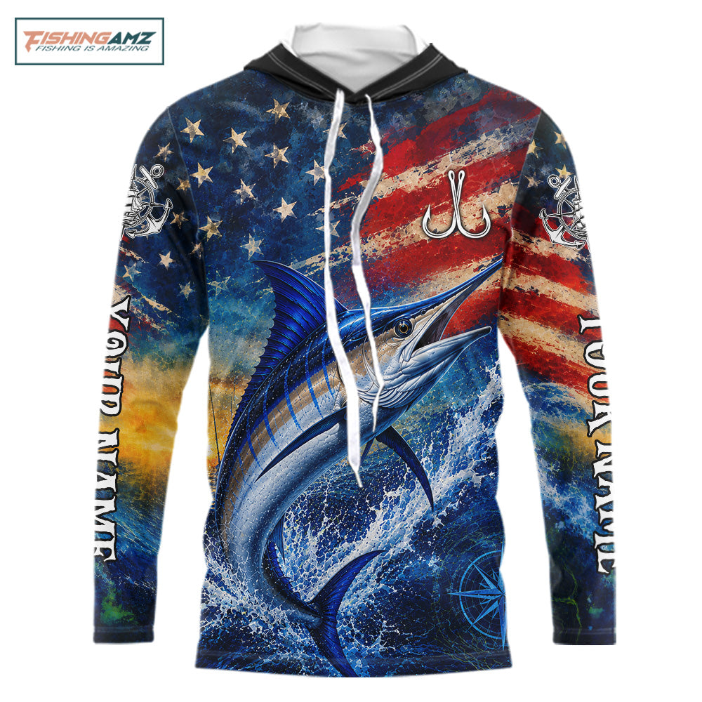 Marlin Fishing Shirt American Flag 3D All Over Print Long Sleeve Hooded Performance Apparel For Men