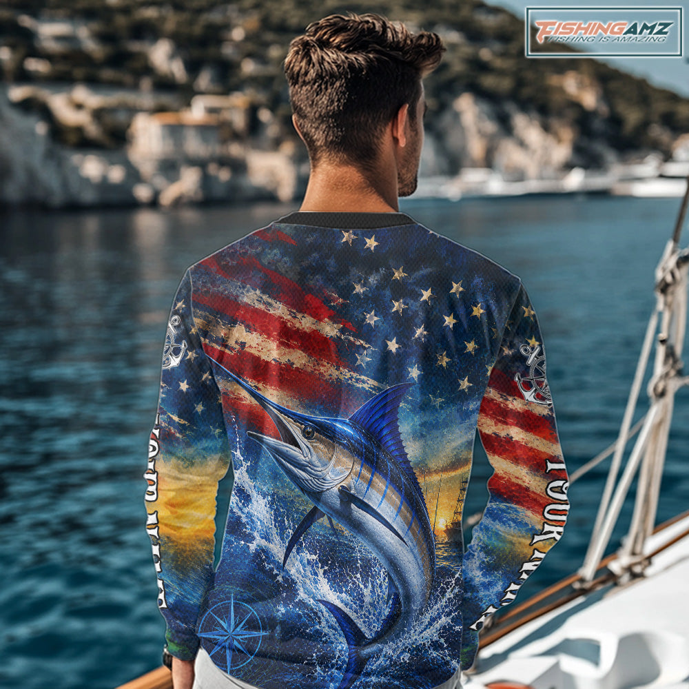 Marlin Fishing Shirt American Flag 3D All Over Print Long Sleeve Performance Apparel For Men