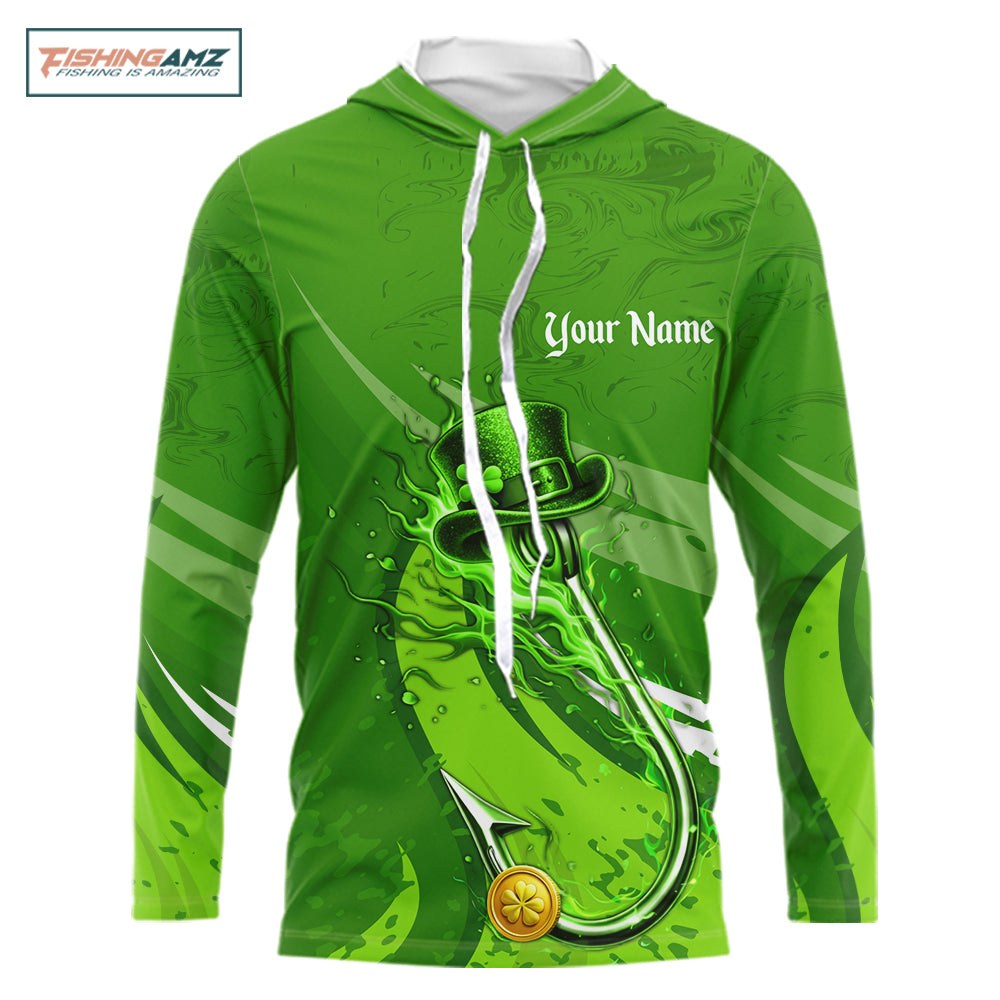 Custom Name St Patrick's Day Hooded Long Sleeve Fishing Shirts, St Patty's Day Hook Fishing Jerseys NHT425