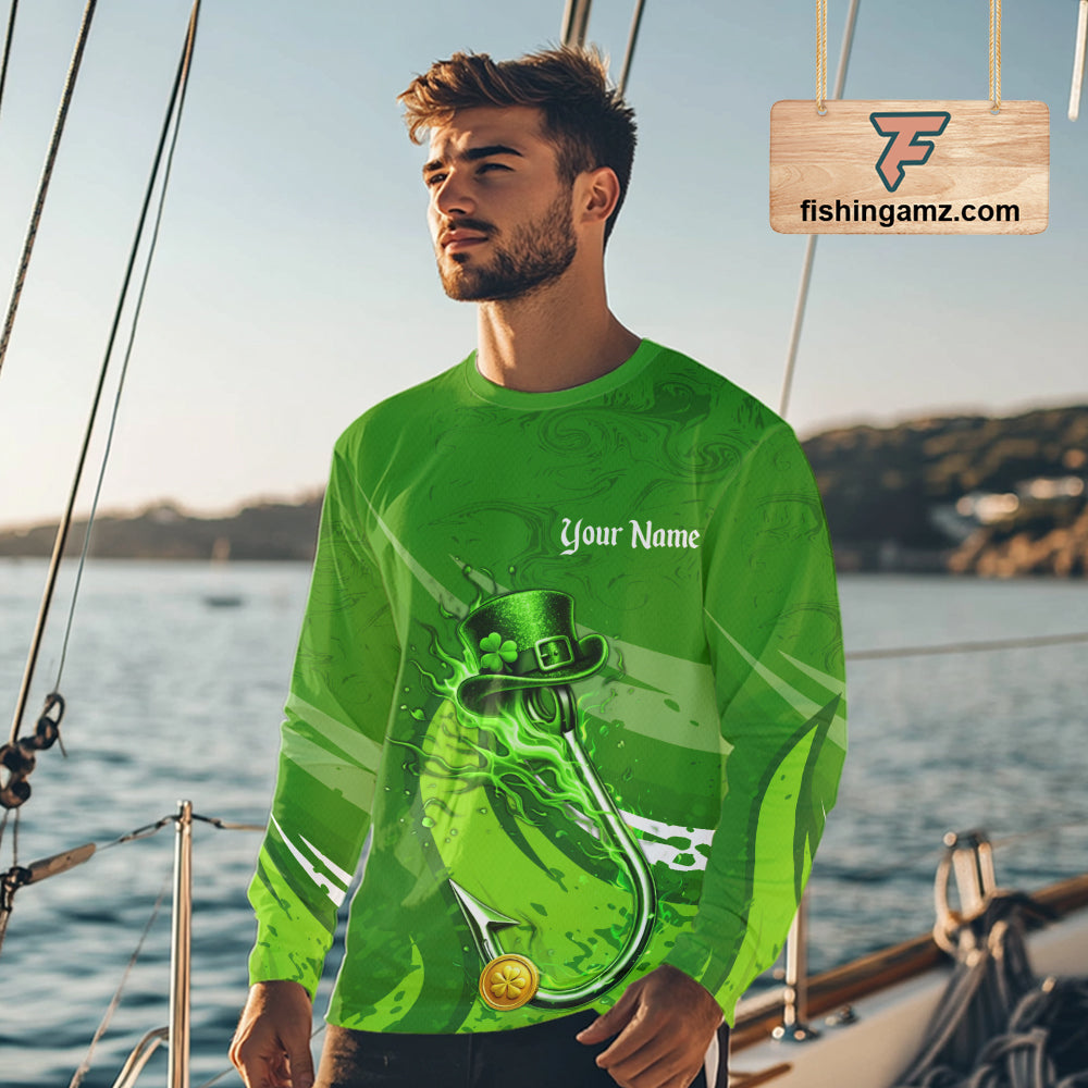Custom Name St Patrick's Day Long Sleeve Fishing Shirts, St Patty's Day Hook Fishing Jerseys NHT425