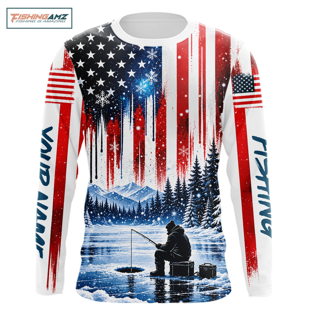 American Flag Ice Fishing Jersey Long Sleeve Shirt, Patriotic USA Winter Fishing Shirt NHT1755
