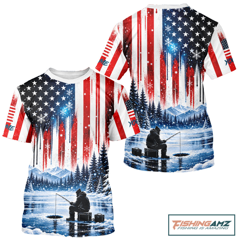 American Flag Ice Fishing Jersey Short Sleeve Shirt, Patriotic USA Winter Fishing Shirt NHT1755