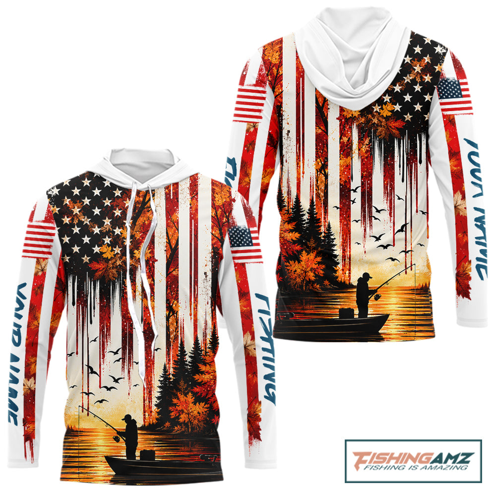 American Flag Autumn Fishing Jersey Long Sleeve Shirt, Patriotic USA Autumn Hooded Fishing Shirt NHT1756