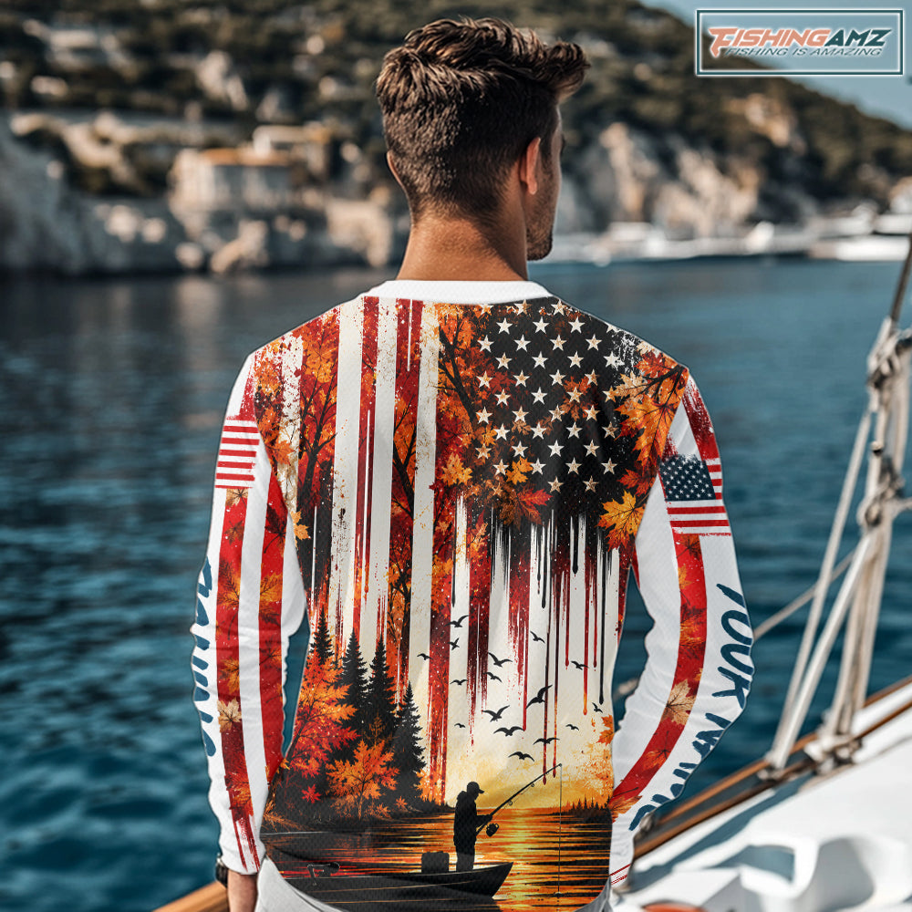 American Flag Autumn Fishing Jersey Long Sleeve Shirt, Patriotic USA Autumn Fishing Shirt NHT1756