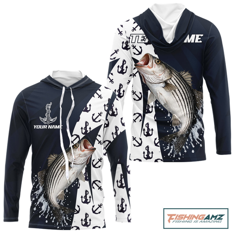 Personalized Striped Bass Fishing Shirts Hooded Long Sleeve With Pattern Anchor, Fishing Shirt Jersey NHT611