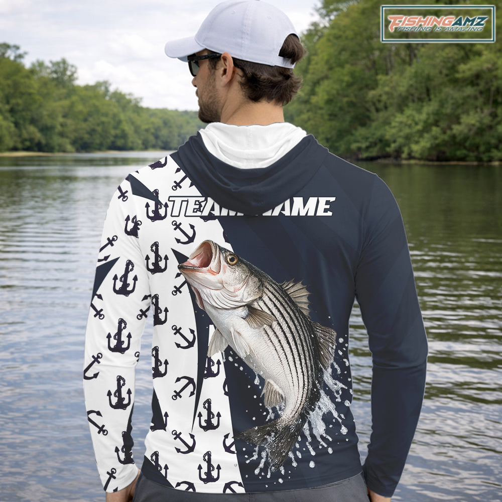 Personalized Striped Bass Fishing Shirts Hooded Long Sleeve With Pattern Anchor, Fishing Shirt Jersey NHT611