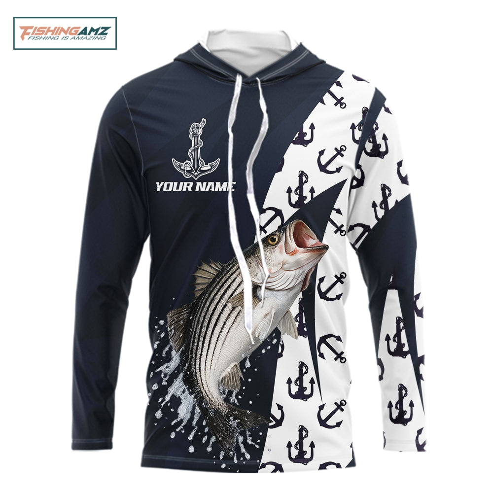 Personalized Striped Bass Fishing Shirts Hooded Long Sleeve With Pattern Anchor, Fishing Shirt Jersey NHT611