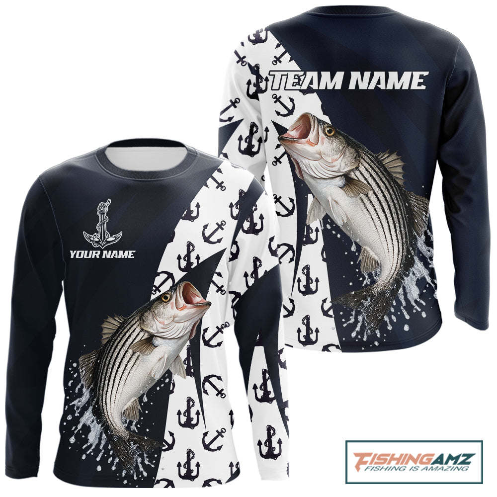 Personalized Striped Bass Fishing Shirts Long Sleeve With Pattern Anchor, Fishing Shirt Jersey NHT611