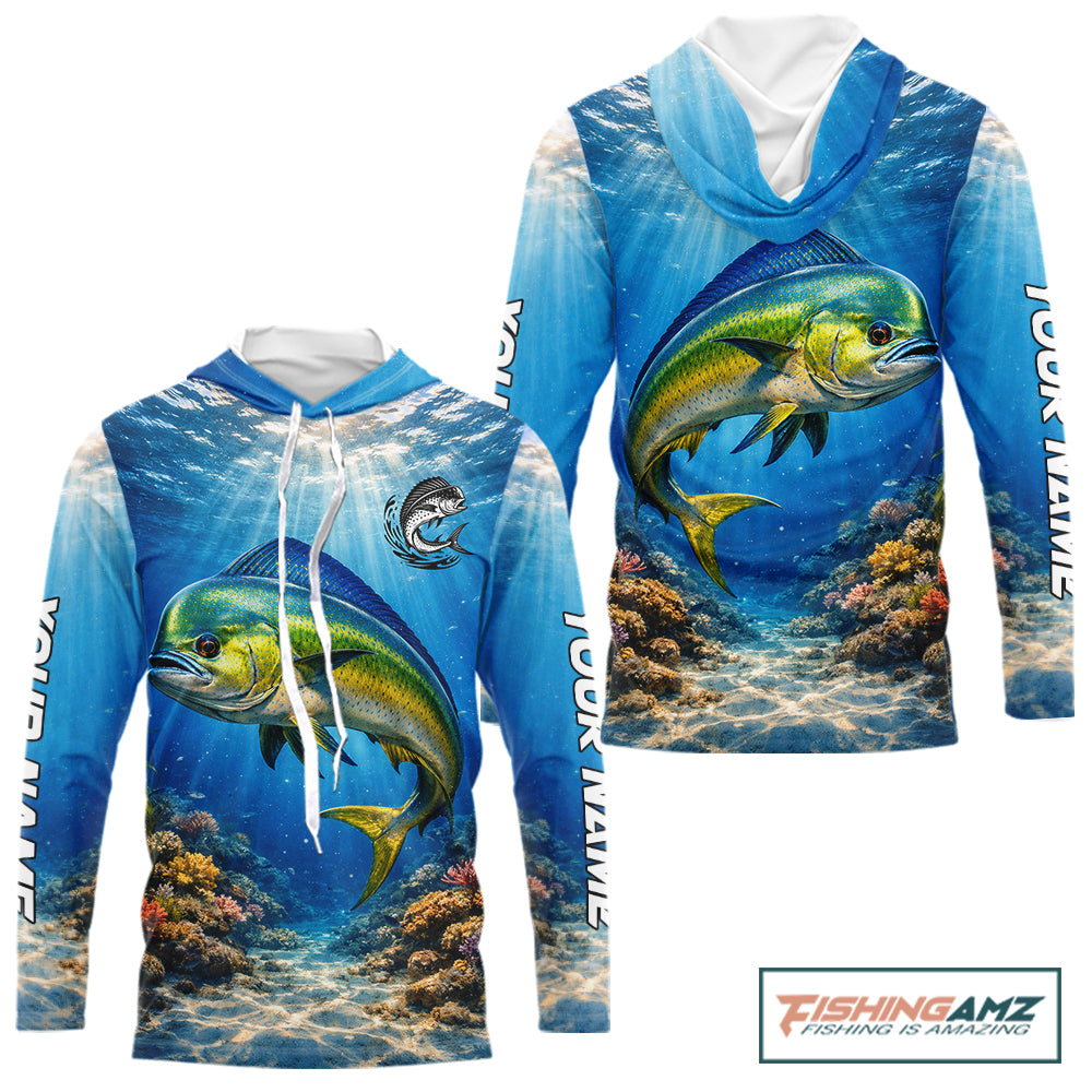 Personalized Offshore Fishing Jerseys, Mahi Mahi Fishing Shirts Long Sleeve Hooded For Men NHT820