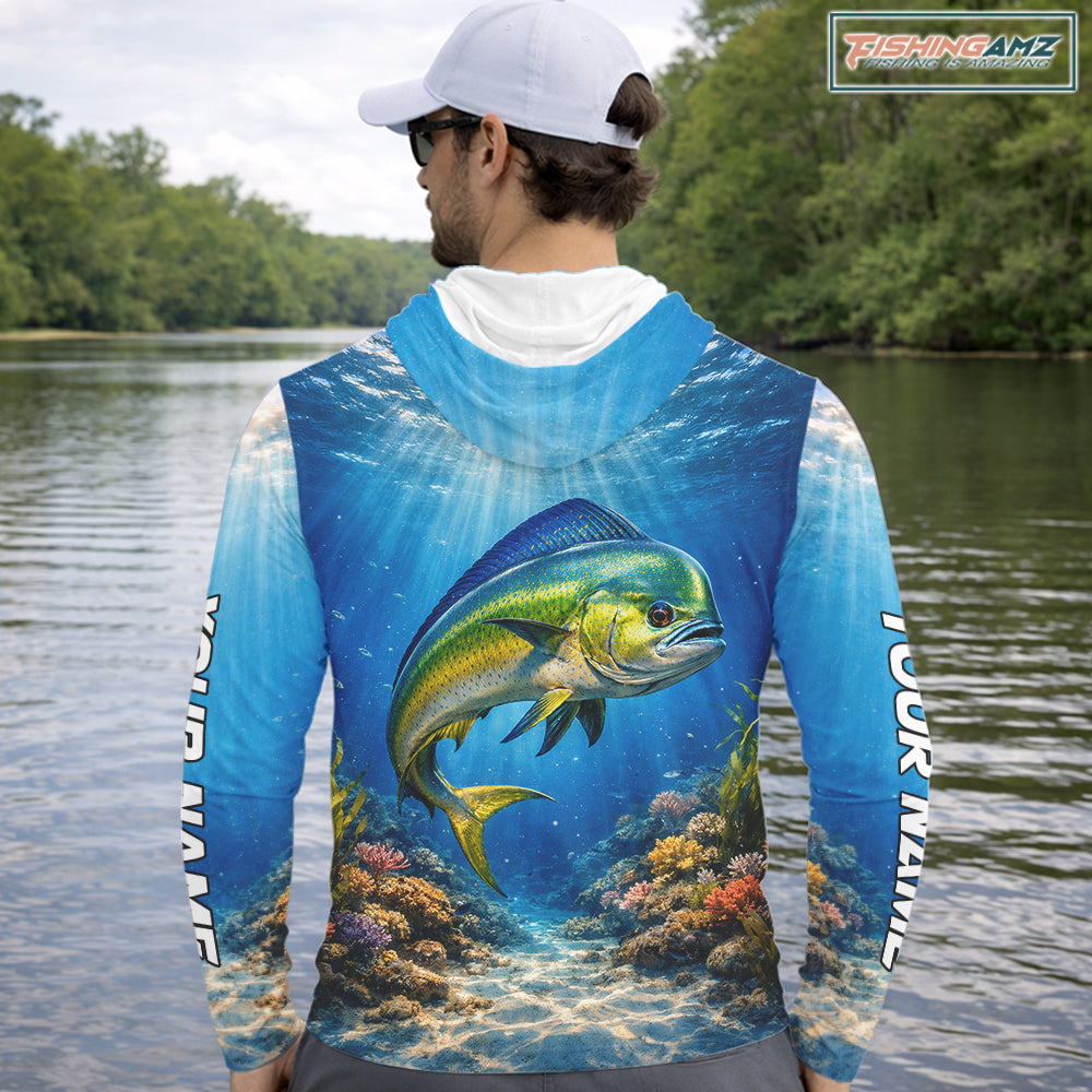 Personalized Offshore Fishing Jerseys, Mahi Mahi Fishing Shirts Long Sleeve Hooded For Men NHT820