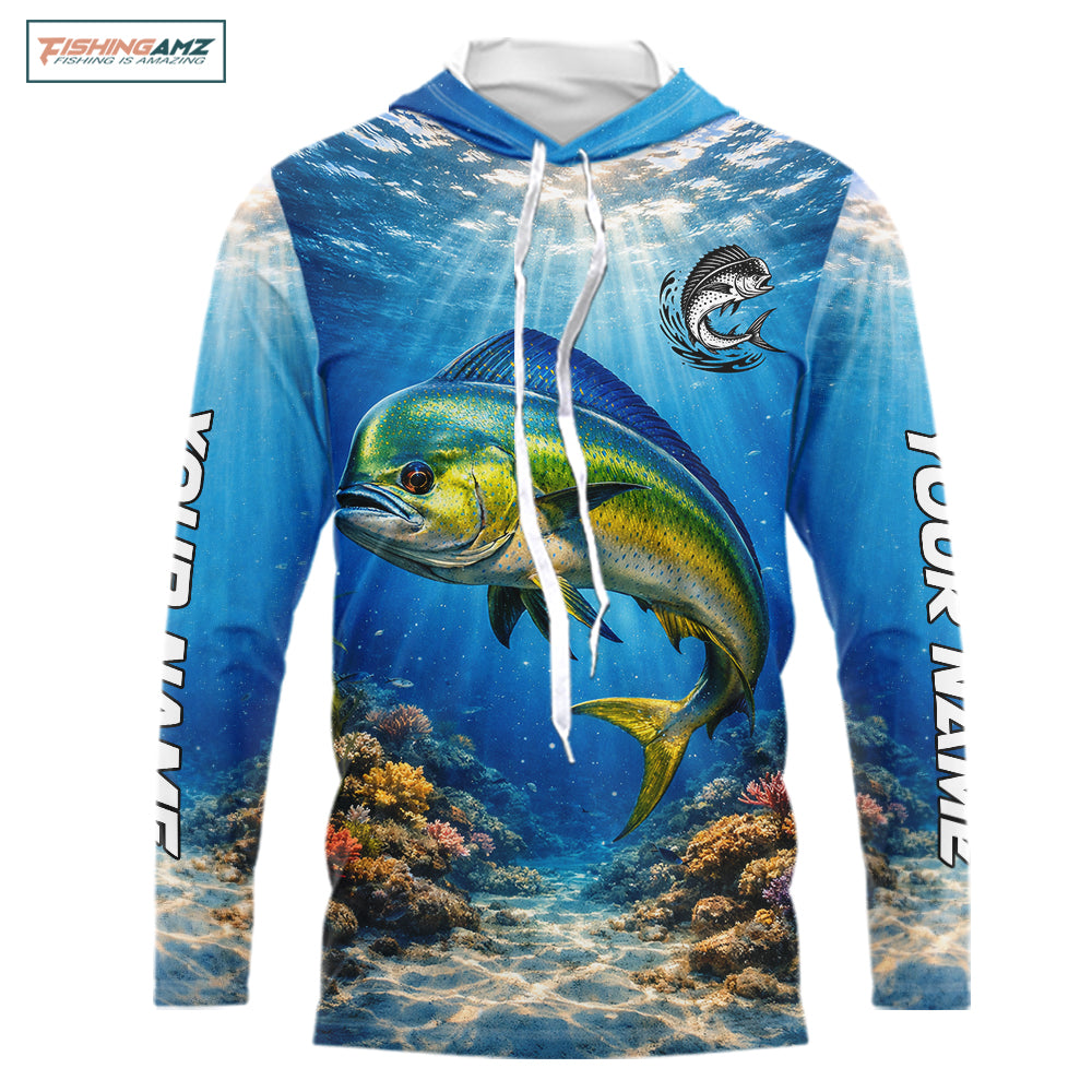 Personalized Offshore Fishing Jerseys, Mahi Mahi Fishing Shirts Long Sleeve Hooded For Men NHT820