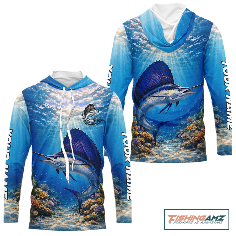 Personalized Offshore Fishing Jerseys, Sailfish Fishing Shirts Long Sleeve Hooded For Men NHT821