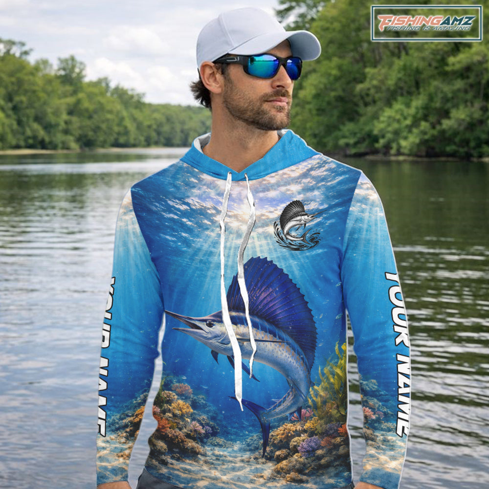 Personalized Offshore Fishing Jerseys, Sailfish Fishing Shirts Long Sleeve Hooded For Men NHT821