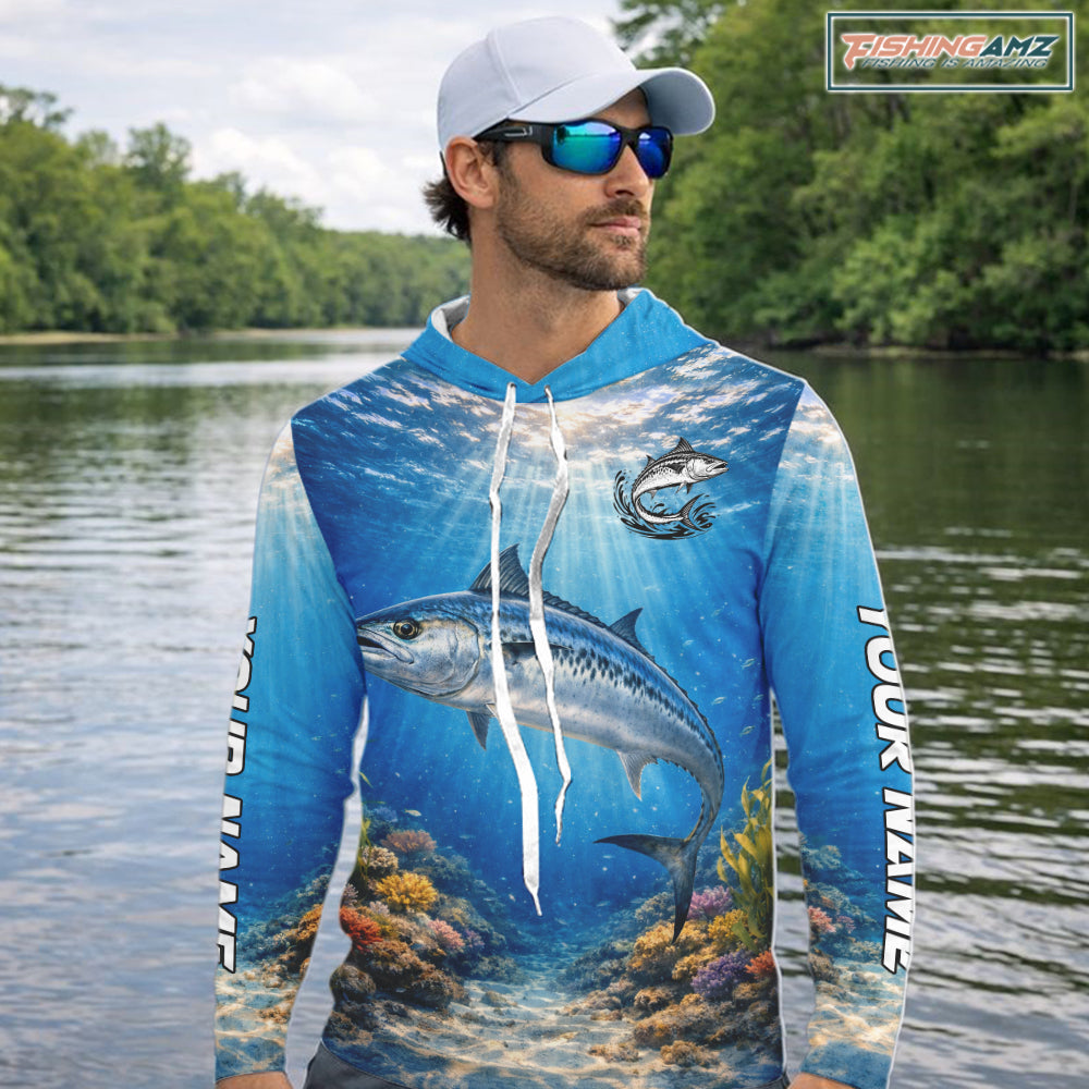 Personalized Offshore Fishing Jerseys, King Mackerel Fishing Shirts Long Sleeve Hooded For Men NHT823