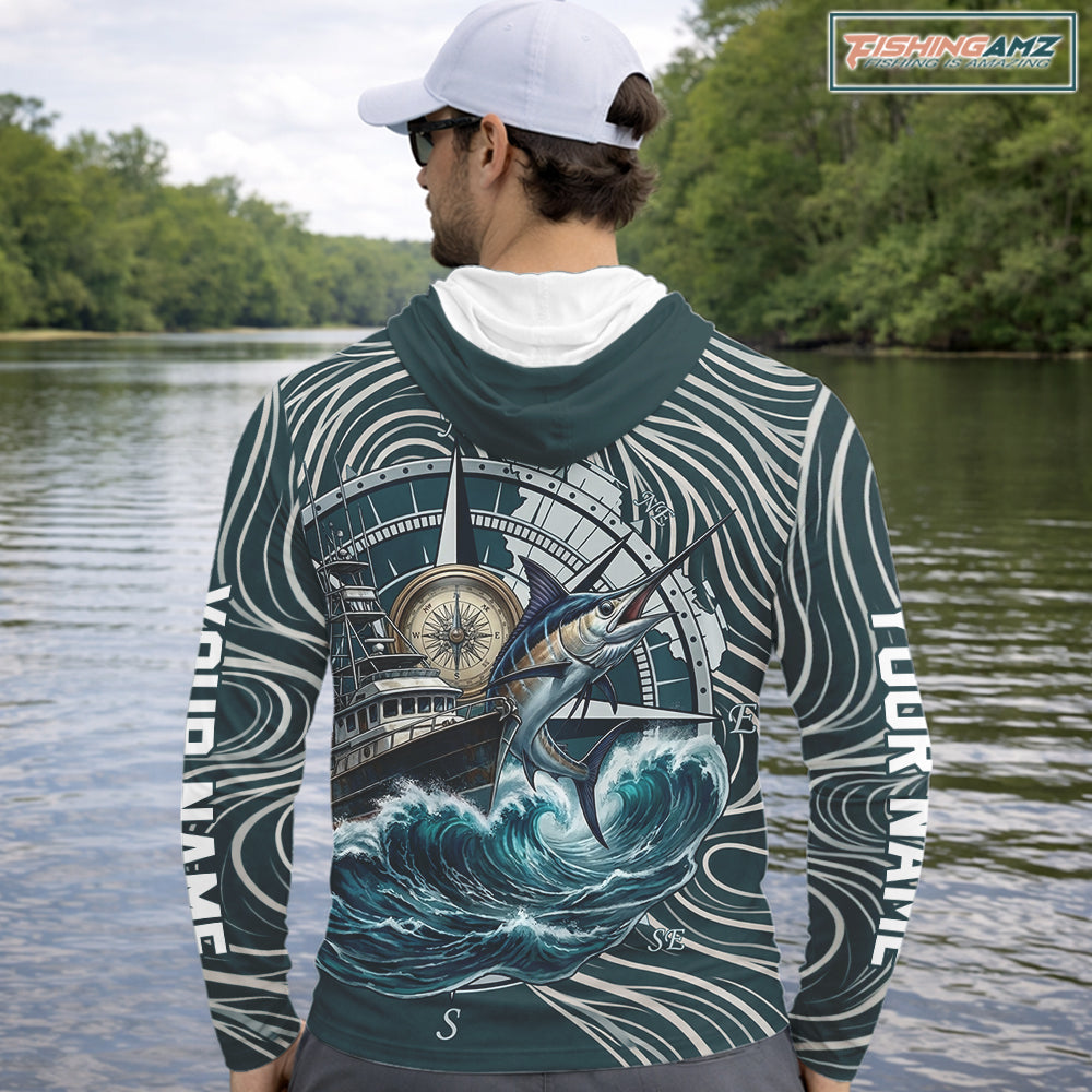 Marlin Hooded Fishing Long Sleeve Shirt Ocean Wave Compass Design, UV Protection Performance Fishing Apparel NHT613