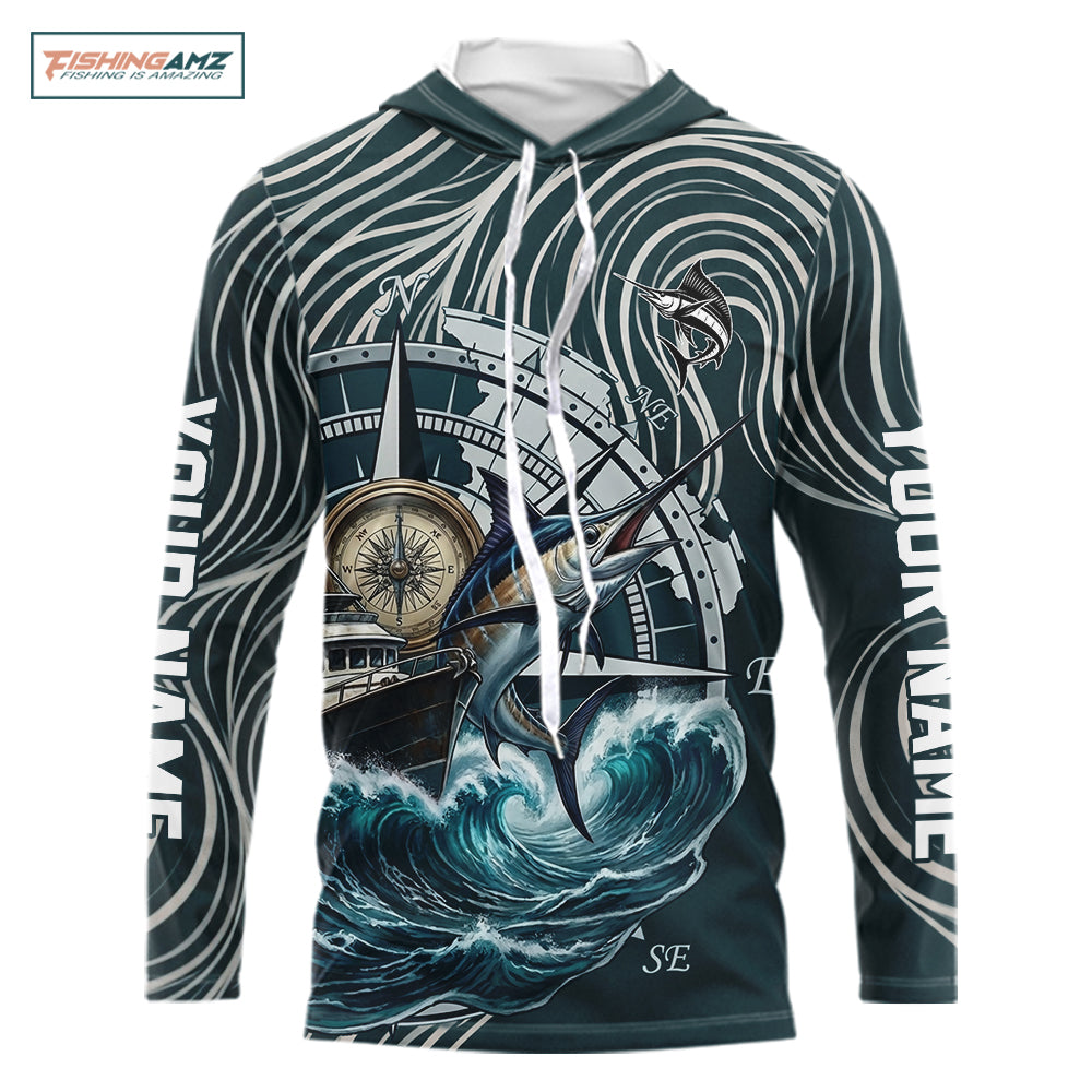 Marlin Hooded Fishing Long Sleeve Shirt Ocean Wave Compass Design, UV Protection Performance Fishing Apparel NHT613