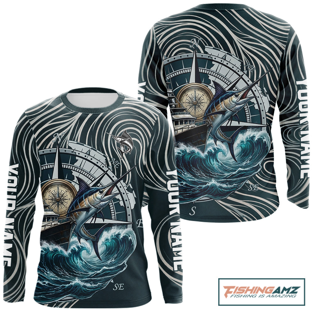 Marlin Fishing Long Sleeve Shirt Ocean Wave Compass Design, UV Protection Performance Fishing Apparel NHT613