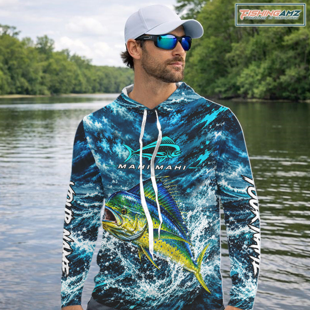 Custom Mahi Mahi Fishing Jersey With Name, Dorado Hooded Long Sleeve Tournament Shirt NHT1595