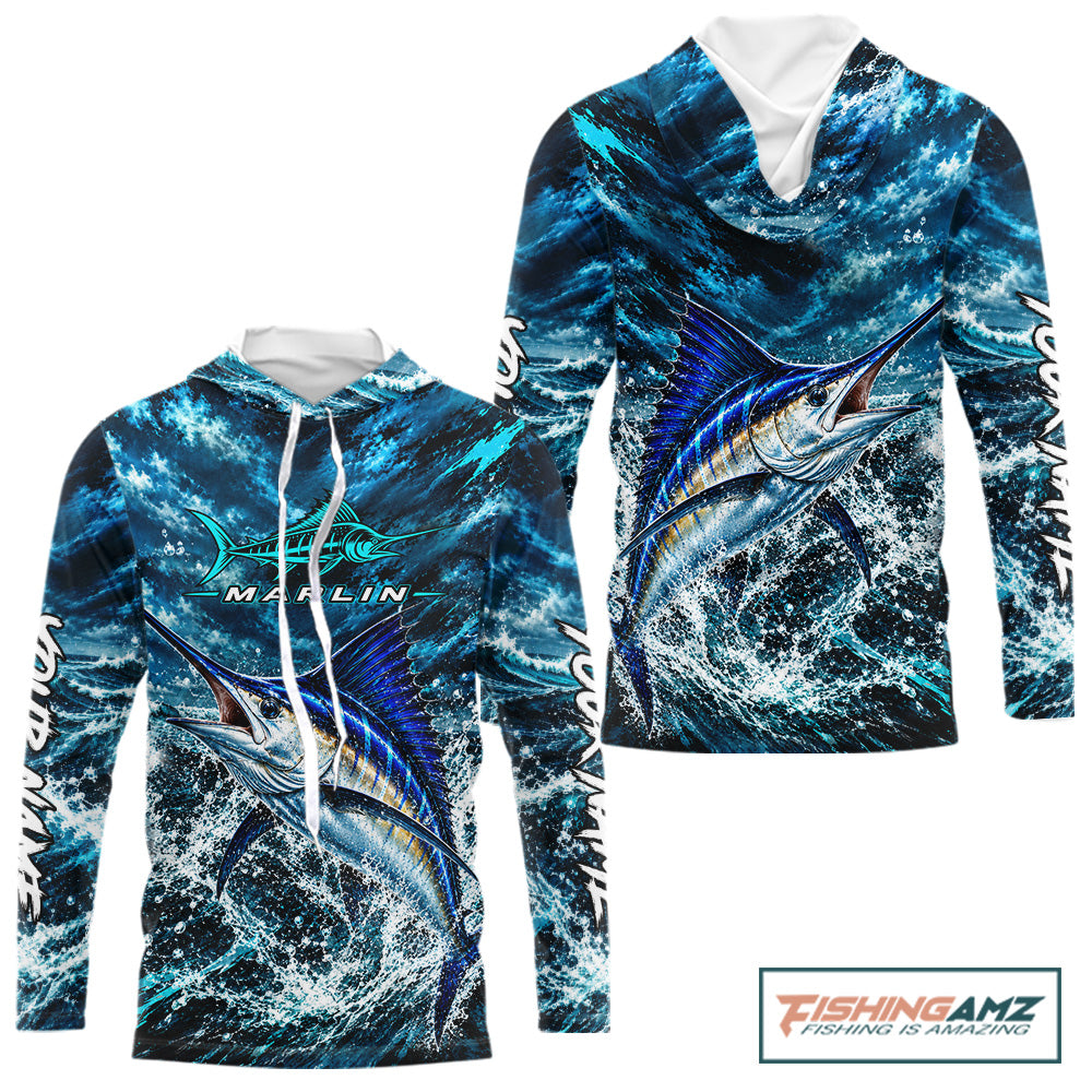 Custom Marlin Fishing Jersey With Name, Marlin Hooded Long Sleeve Tournament Shirt NHT1596